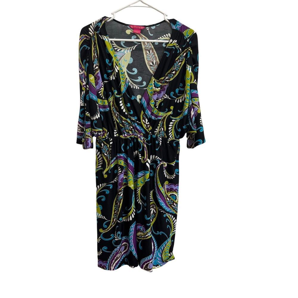 Sunny Leigh Women L Black Paisley V-Neck Short Sleeve Knee Length Dress Bold